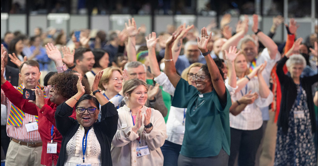 Photo credit: Dance breaks out at morning worship on last day of General Conference. Photo by Mike DuBose, UM News.